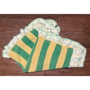 Vintage Handmade Crochet Wool Afghan crib toddler green yellow striped
